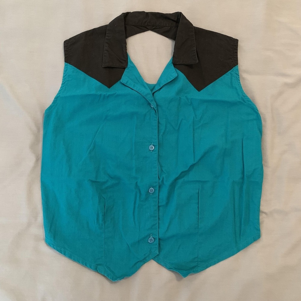 Gordon & James Shirt Woman's Large Teal Black Sleeveless Western Button Cowgirl